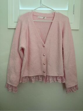 Altar’d State Soft Pink Lace-Trim V-Neck Cardigan Sweater